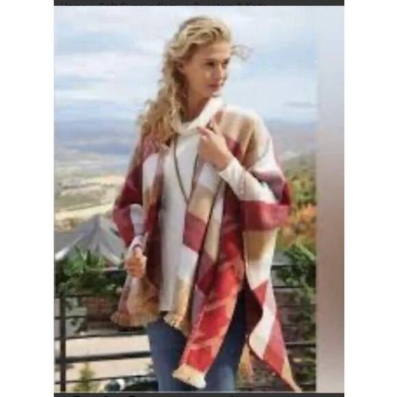 Soft Surroundings Sweaters - SOFT SURROUNDINGS Buffalo Plaid Throw Over Fringe Shawl Country Cozy